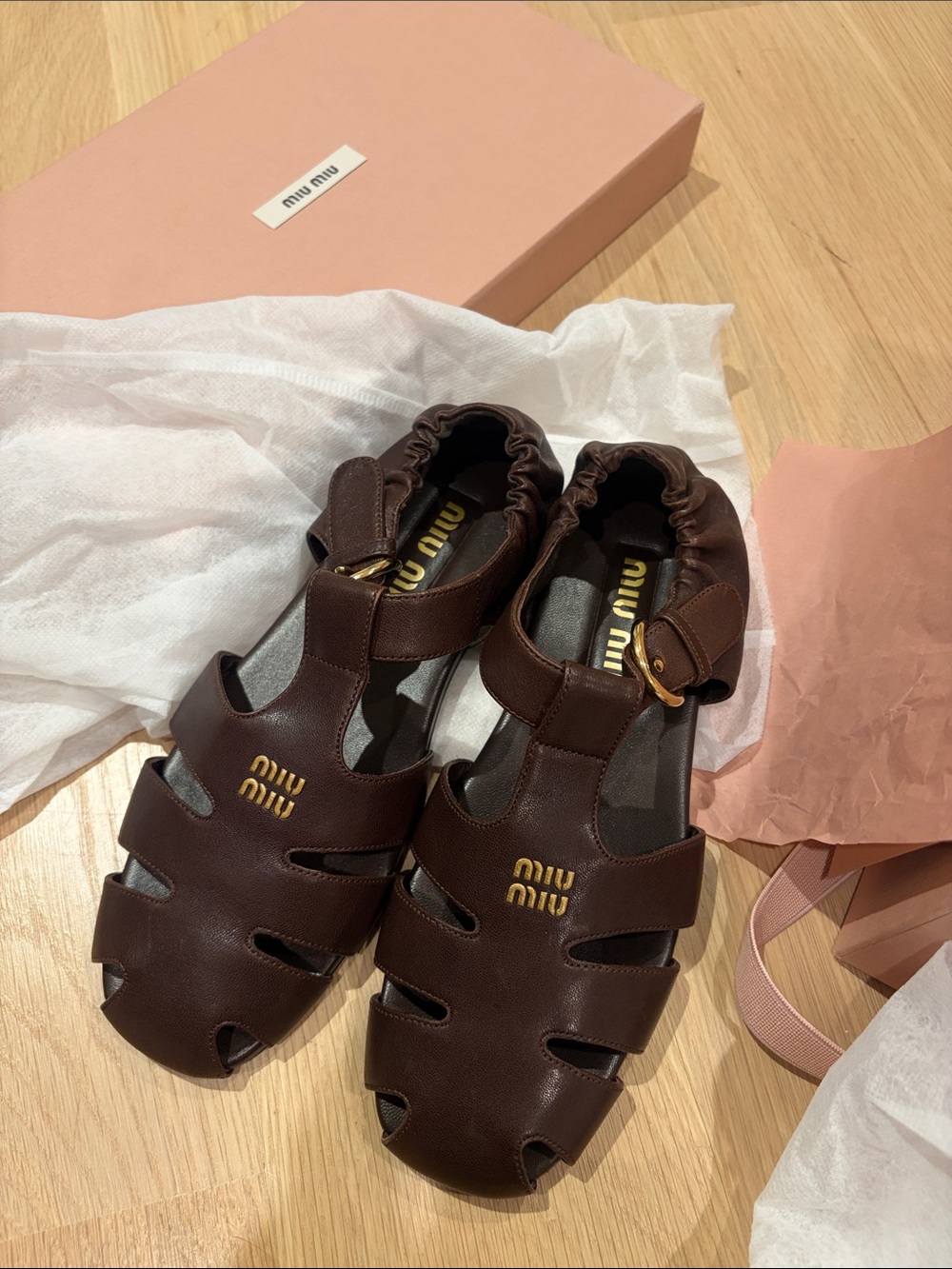 Miu Miu Dark Brown Leather Fisherman Sandals with Gold Logo
